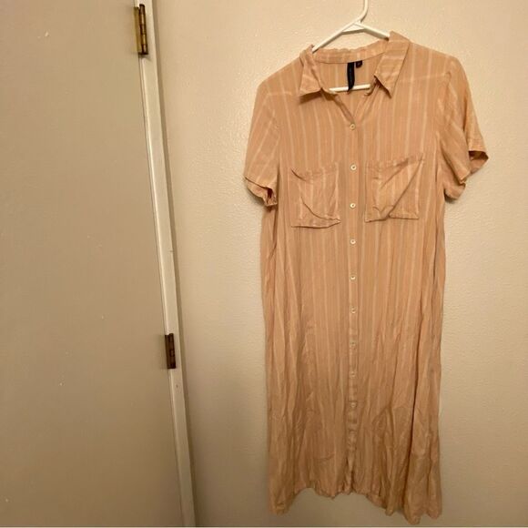 Knot Sisters Blush pink linen striped Button up midi Dress lagenlook coastal L - Picture 2 of 10